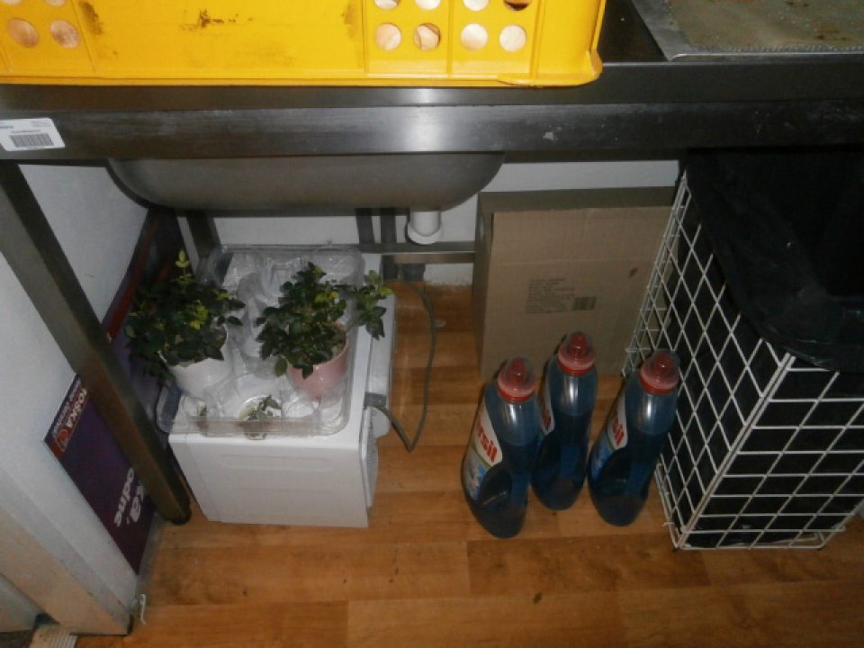 Na podlahe pod stolom v oddelení dopeku skladované gelové pracie prostriedky a črepníkové kvety