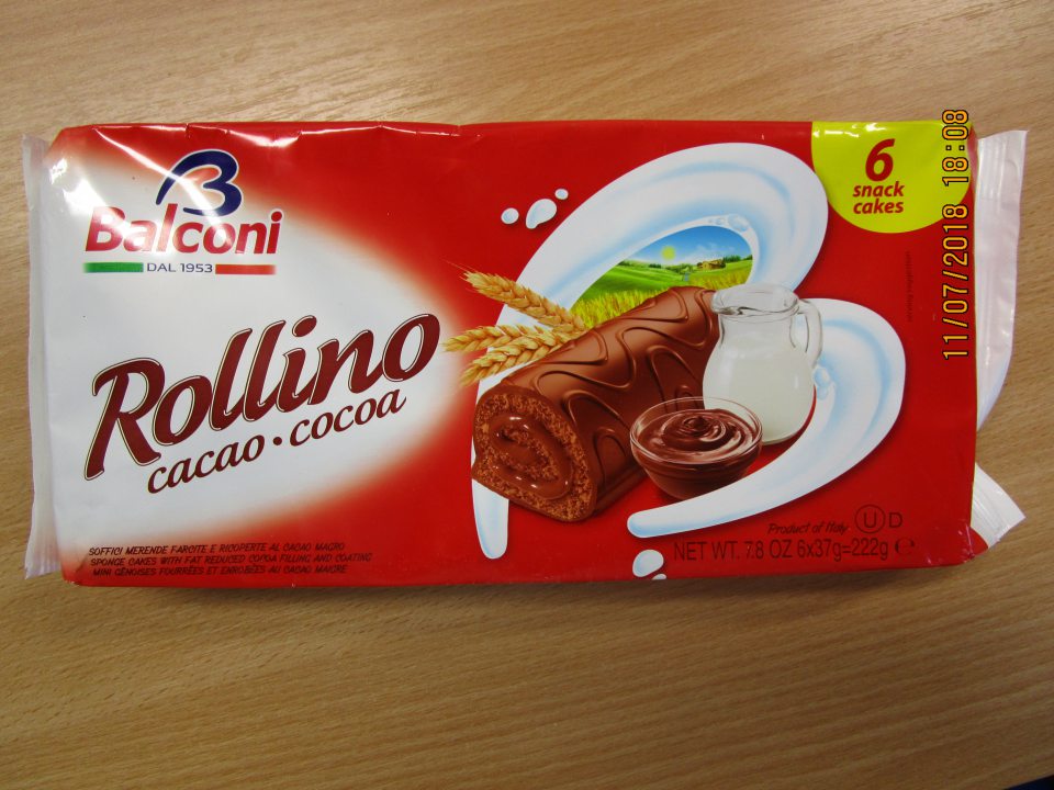 Rollino Cacao jemné pečivo s kakovou polevou s nízkym obsahom tuku a náplňou, dmt : 30/07/2018 v celkovom množstve 3,108 m.j a v celkovej cene 24,46 €, v celkovom zozname zložiek nie sú zložky spôsobujúce alergie alebo neznášanlivosť jasne odlíšené od zvyšnej časti zoznamu zložiek