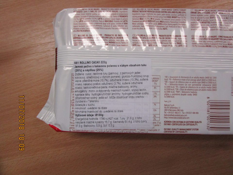 Rollino Cacao jemné pečivo s kakovou polevou s nízkym obsahom tuku a náplňou, dmt : 30/07/2018 v celkovom množstve 3,108 m.j a v celkovej cene 24,46 €, v celkovom zozname zložiek nie sú zložky spôsobujúce alergie alebo neznášanlivosť jasne odlíšené od zvyšnej časti zoznamu zložiek