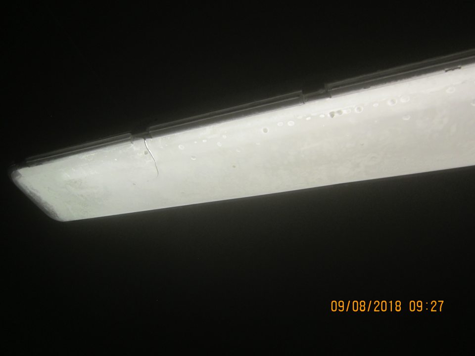 Prasknutý kryt na elektrickom osvetlení v mraziacom boxe s hlbokomrazenými pekárenskými poloovarmi v zázemí predajne.