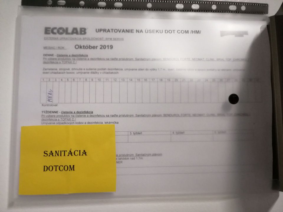 Nevykonané záznamy v evidencii o čistiacich a sanitačných prácach.