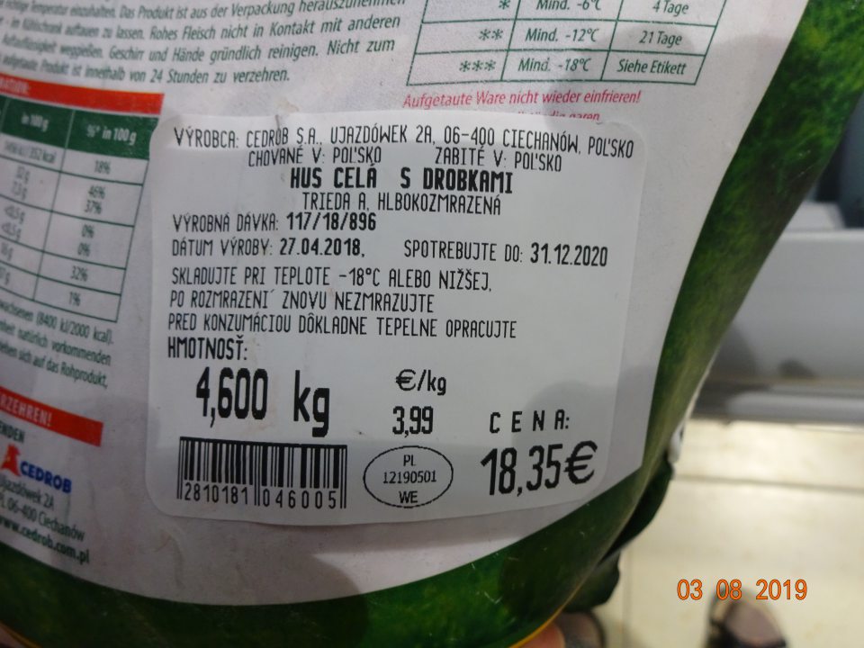 Neuvedený dátum zmrazenia na obale zmrazeného výrobku - hus.
