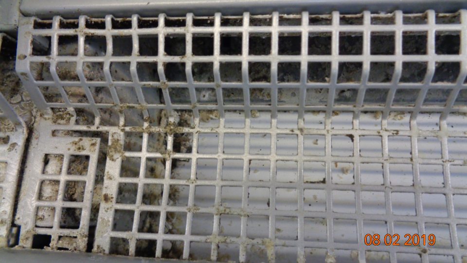 Vitrína s uloženými mliečnymi výrobkami, mliekom a vajcami na predajnej ploche má mriežky a priestor pod mriežkami hrubou vrstvou čiernej špiny.