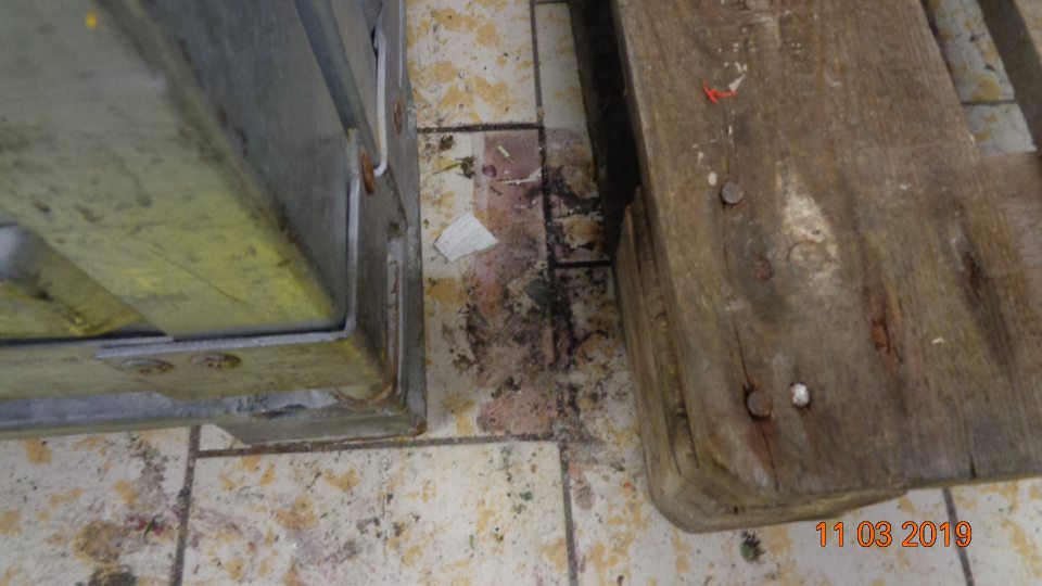 Znečistená podlaha v časti suchého skladu potravín.