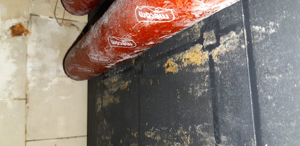 Znečistené regály a obkladačky s výskytom plesne v chladiacom boxe s mäsovými výrobkami.