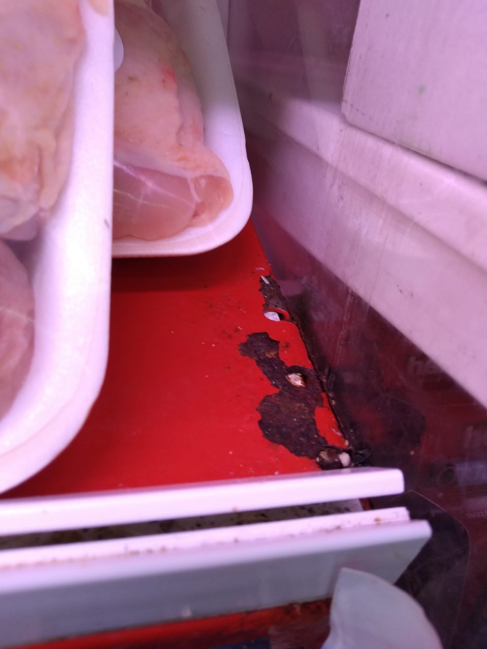 V chladiacej vitríne s uskladnenou chlad. hydinou - poškodené úložné regály s výskytom korózie