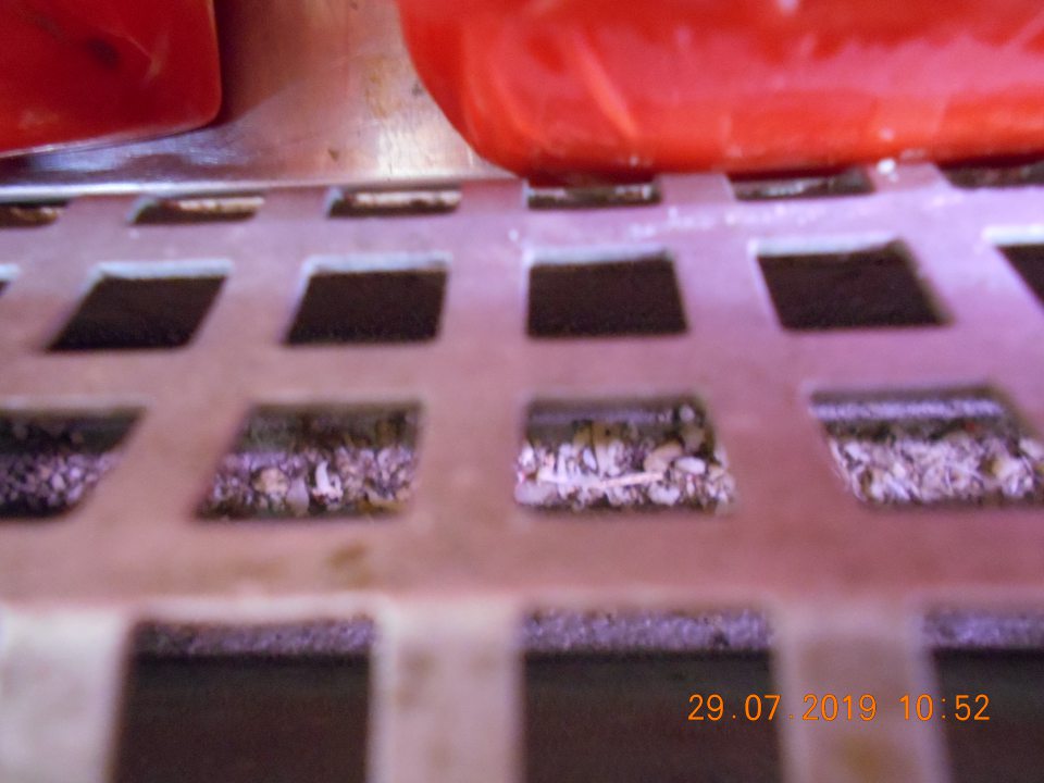 Znečistená chladiarenská vitrína v priestore pod mriežkou - hrubé nánosy starých nečistôt, s uchovávanými mliečnymi výrobkami- jogurty, syry.