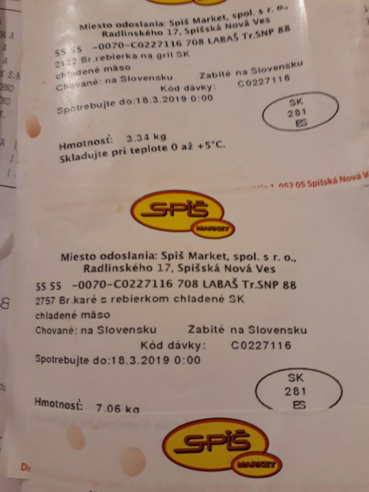 Bravčové mäsa po DS v množstve 4,336 kg v cene 22,10 Eur.