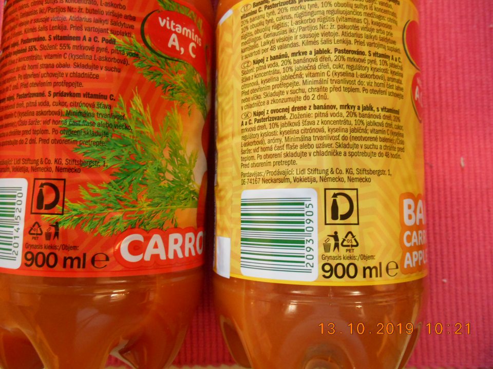 Predaj nesprávne označených potravín: "Solevita, nápoj z ovocnej drene z banánov, mrkvy a jabĺk s vitamínmi A a C" a "Solevita, mrkvový nápoj s prídavkom vitamínu C"- nesprávny spôsob vyjadrenia dátumu minimálnej trvanlivosti. Na výrobkoch uvedené: "Minimálna trvanlivosť do: 04.2020, resp. 03.2020", správne má byť: "Minimálna trvanlivosť do konca: 04.2020, resp. 03.2020". 