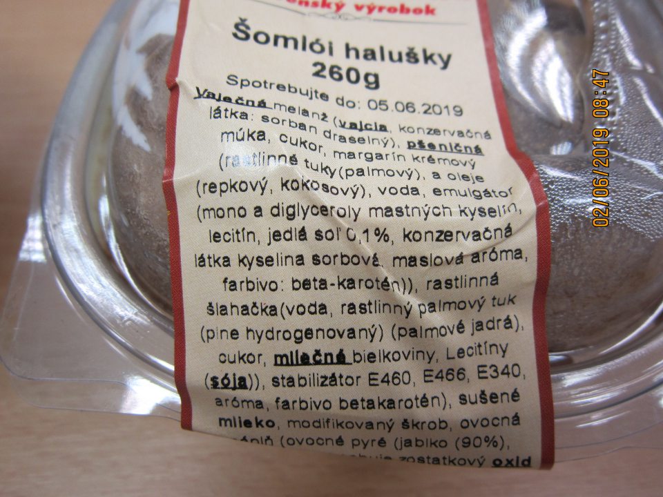 Nedostatok v označení výrobku: Šomlói halušky 260 g - v zozname zložiek nie je zdôraznená zložka spôsobujúca alergiu alebo neznášanlivosť - sušené mlieko.