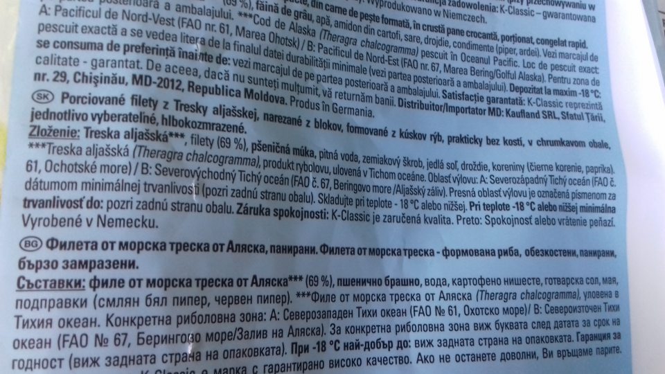 Nevyhovujúca potravina - v kontr. znaku označenie a množstvo rybacieho mäsa. Výrobca udáva 69% rybacieho mäsa, nameraná hodnota - 59,9% rybacieho mäsa.
