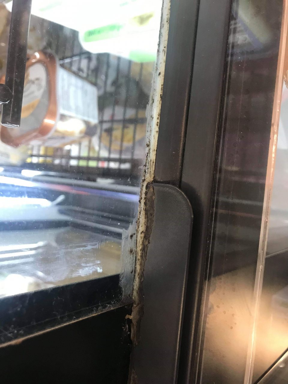 Zistená pleseň v silikónových spojoch medzi mraziacimi vaňami a vertikálnymi mraziacimi zariadeniami na predajnej ploche.