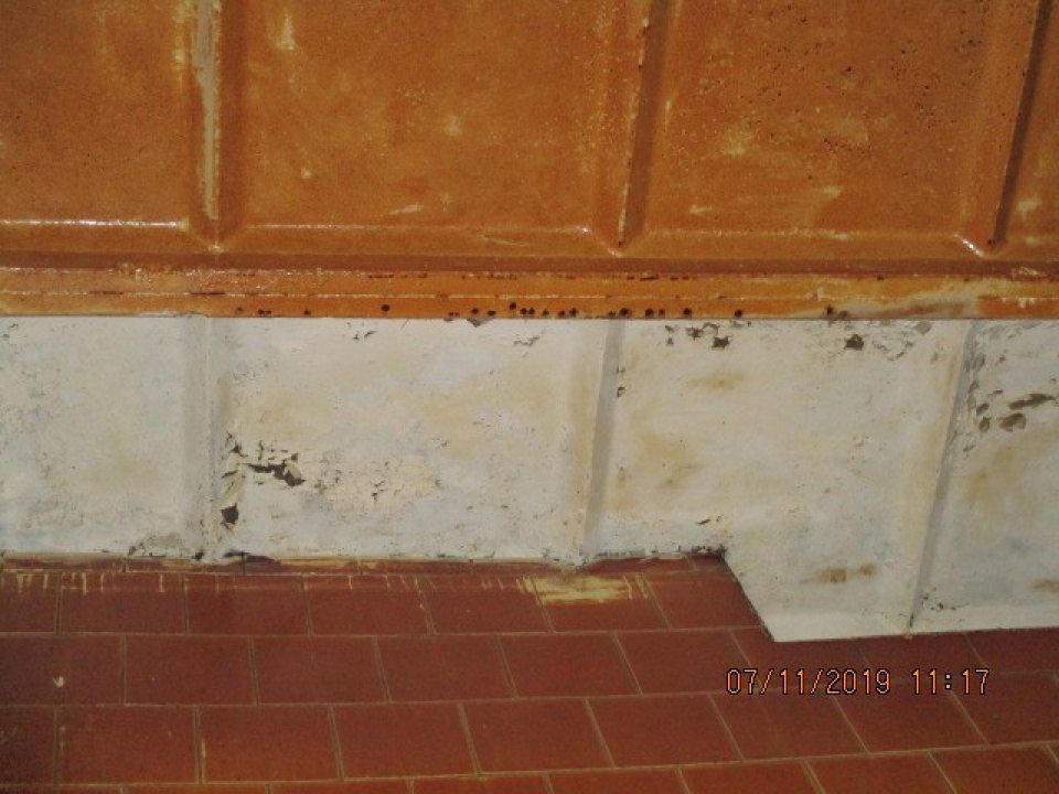 výrobná miestnosť v časti s kysiarňou - olupujúci sa hygienický náter nad etážovými pecami v rozsahu cca 1,5m x 20 cm