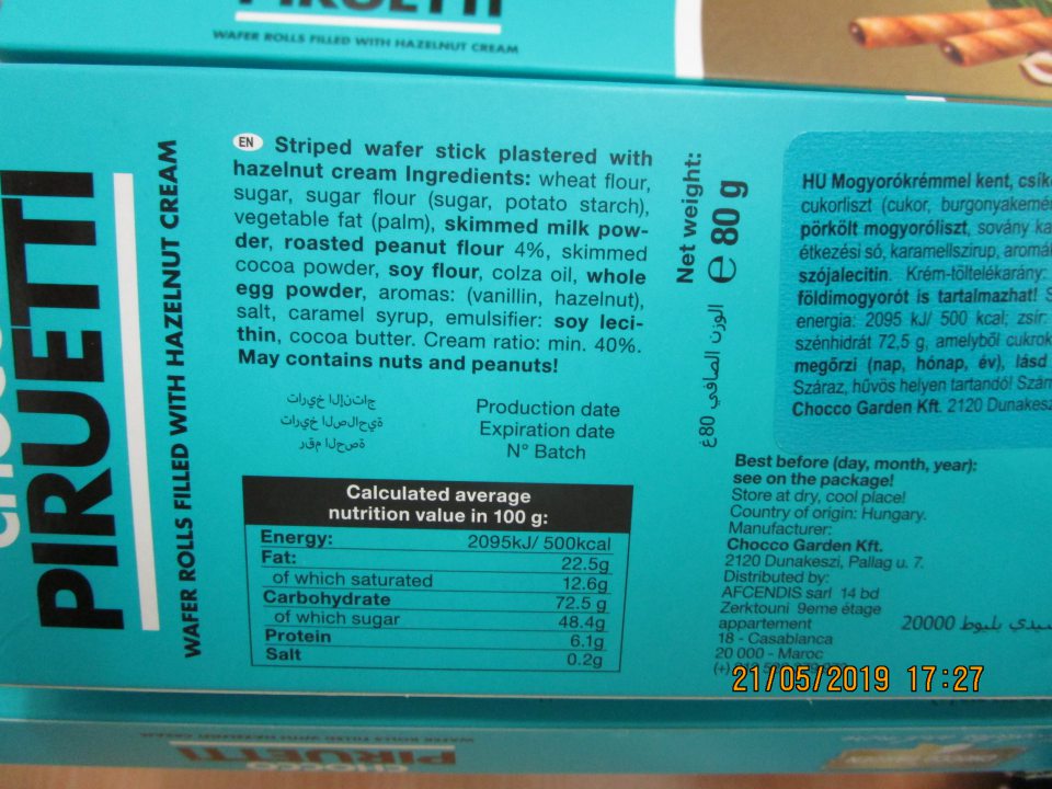 výrobok Chocco Piruetti - cigar Fourés au créme de noisette v celkovom množstve 1,28 m.j. a v celkovej cene 21,60 € chýbalo označenie v kodifikovanej podobe štátneho jazyka ( iba v maďarskom a anglickom ), výrobná dávka 84851, dmt: 01.03.2020