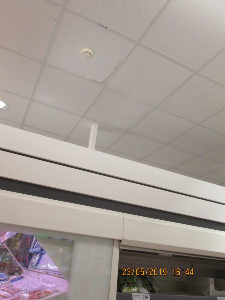 Zatečený strop v priestoroch nad chladiacim zariadením s uloženými hubami, chladenou zeleninou na predajnej ploche v rozsahu cca 30 cm x 5 cm.