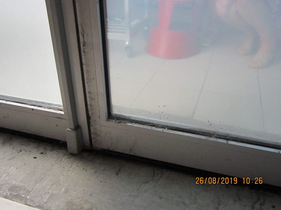 Dvere medzi chladiacou vitrínou s mliečnymi výrobkami a chladiacou vitrínou s mäsovými výrobkami znečistené hrubou vrstvou prachu a pavučinami.