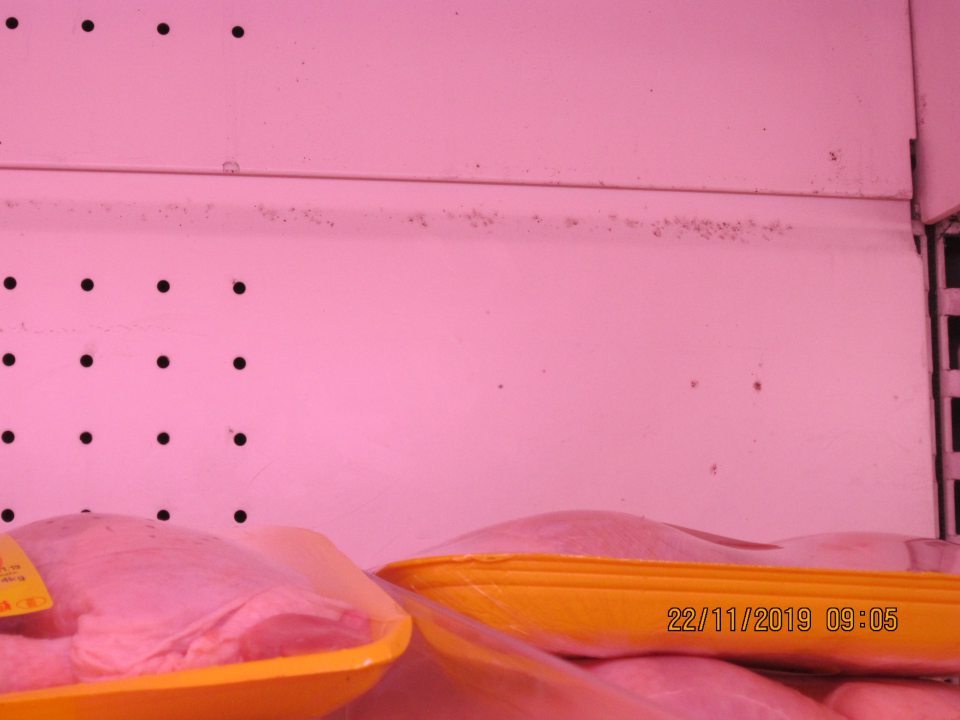  V chladiacej vitríne na predajnej ploche, kde je umiestnené chladené balené hydinové mäso je v zadnej časti regálu výskyt čiernej plesne.  