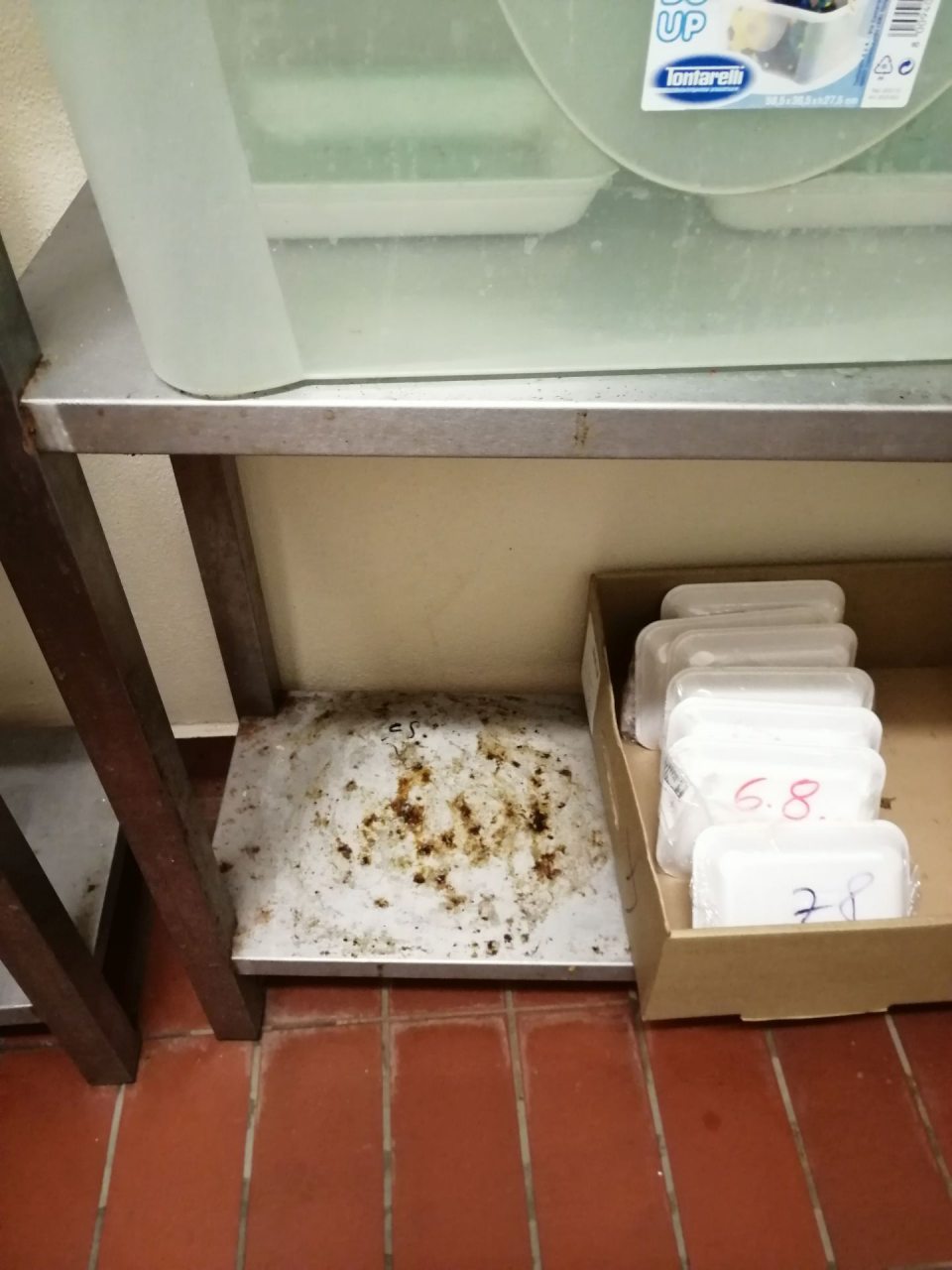 Znečistené police regálu s koróziou v sklade korenín.