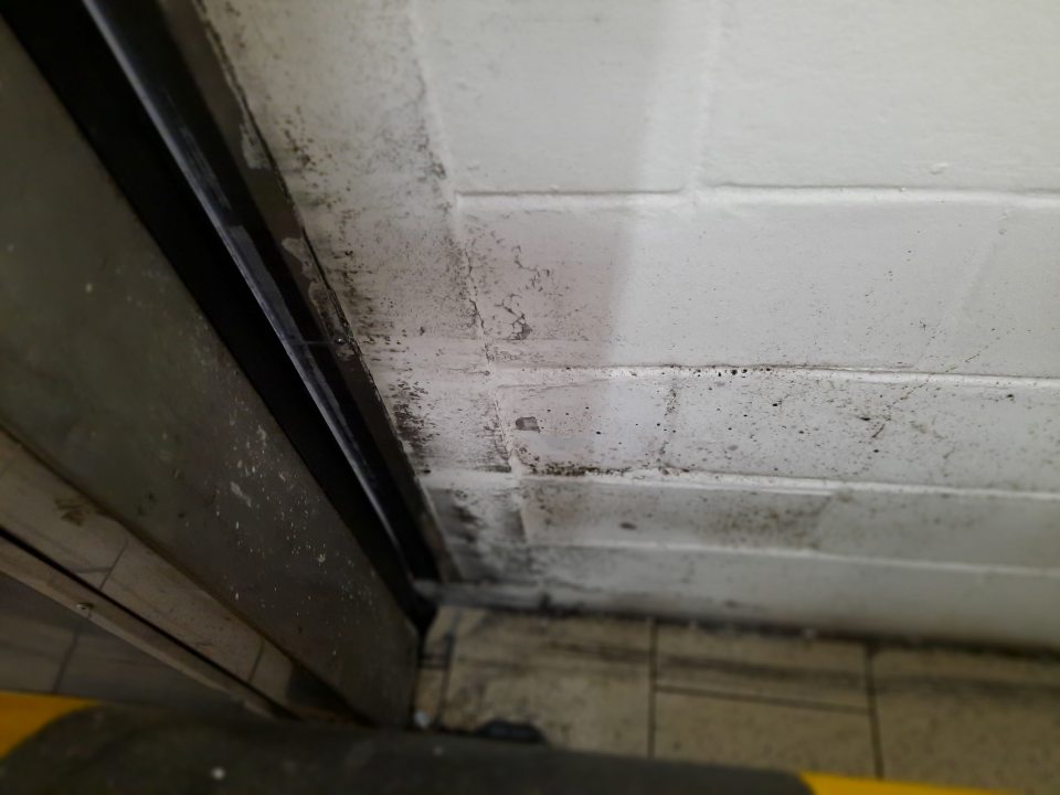 Znečistená stena pri zárubni chladiarne mliečnych výrobkov.