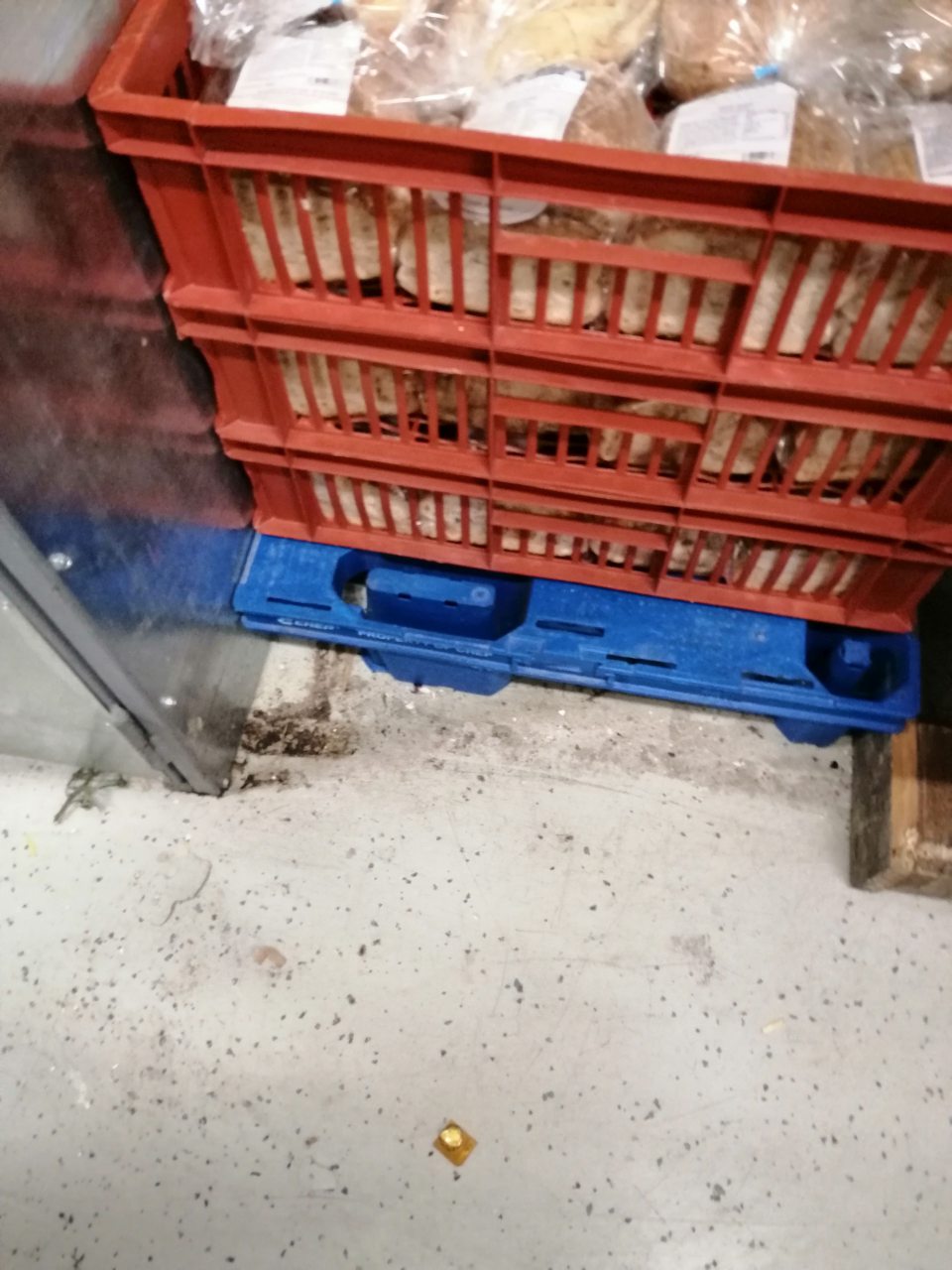 Nános nečistôt na podlahe v skrini na pečivo.