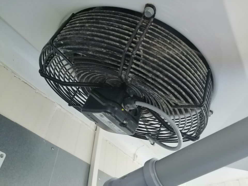 Výskyt plesne na mriežke ventilátora chladiacej jednotky v chladiacom boxe ovocia a zeleniny.