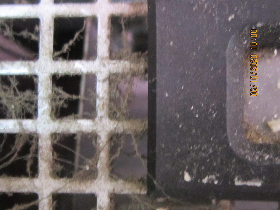 Znečistená mriežka chladiacej vitríny určenej pre mliečne výrobky.