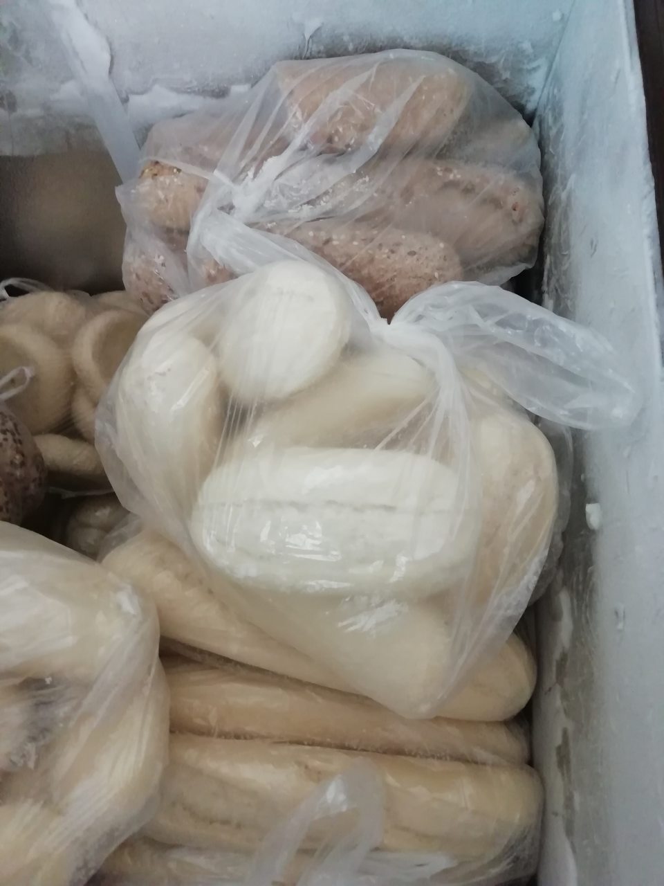 Neoznačené hlbokozmrazené pečivo v mraziacom boxe.