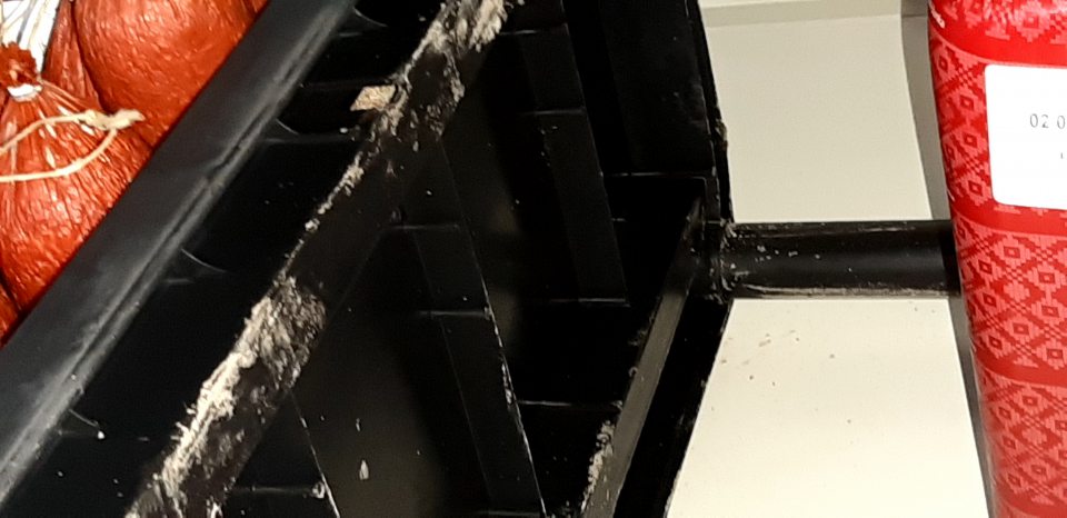 V chladiacom boxe znečistenie s výskytom plesne na regáloch s uloženými nebalenými a balenými mäsovými výrobkami.