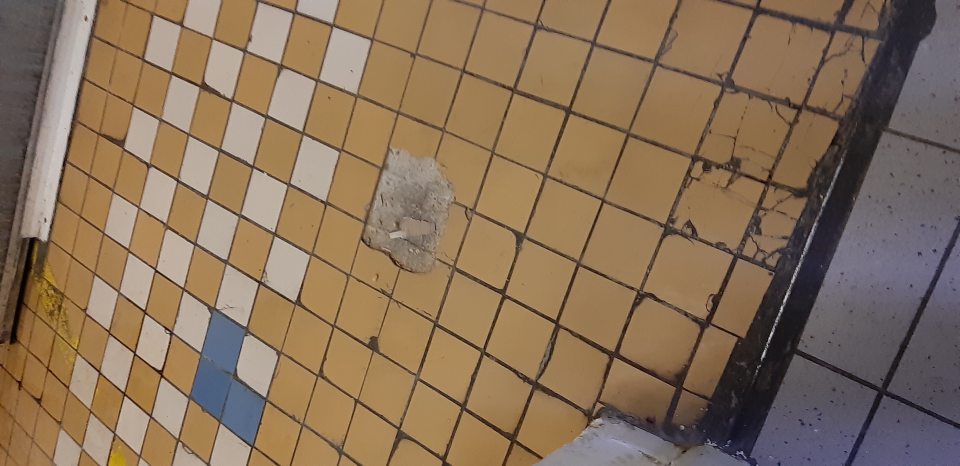 V priestore pred šatňou zamestnancov - porušená celistvosť dlažby.
