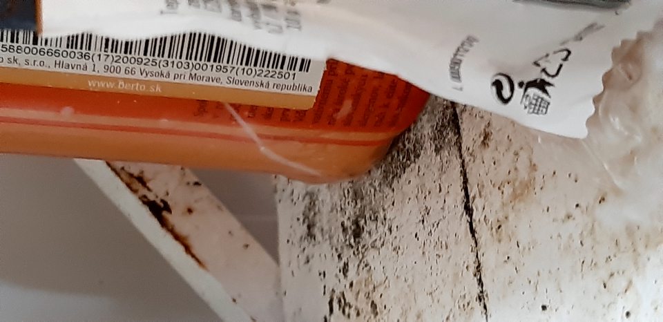 V chladiacom boxe mäsových výrobkov znečistené regály s výskytom plesne.
