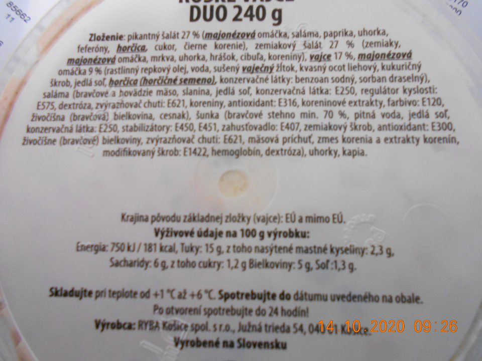 Chýbajúce zloženie zloženej zložky u jedného druhu potravinárskeho výrobku,