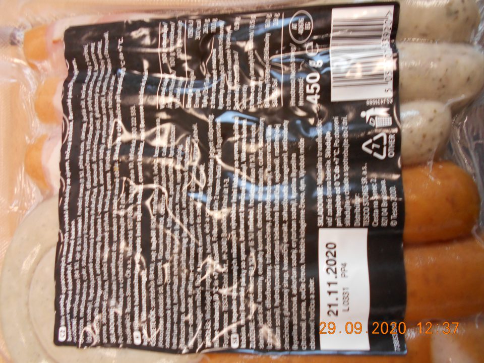 V mäsovom výrobku neuvedené zloženie všetkých druhov klobás (4 druhy) v originálnom balení.