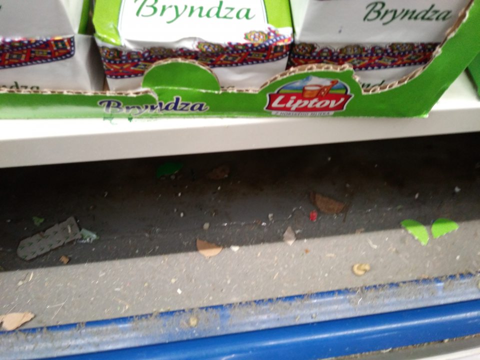 špinavá plocha pod mriežkami v blízkosti mliečnych výrobkov