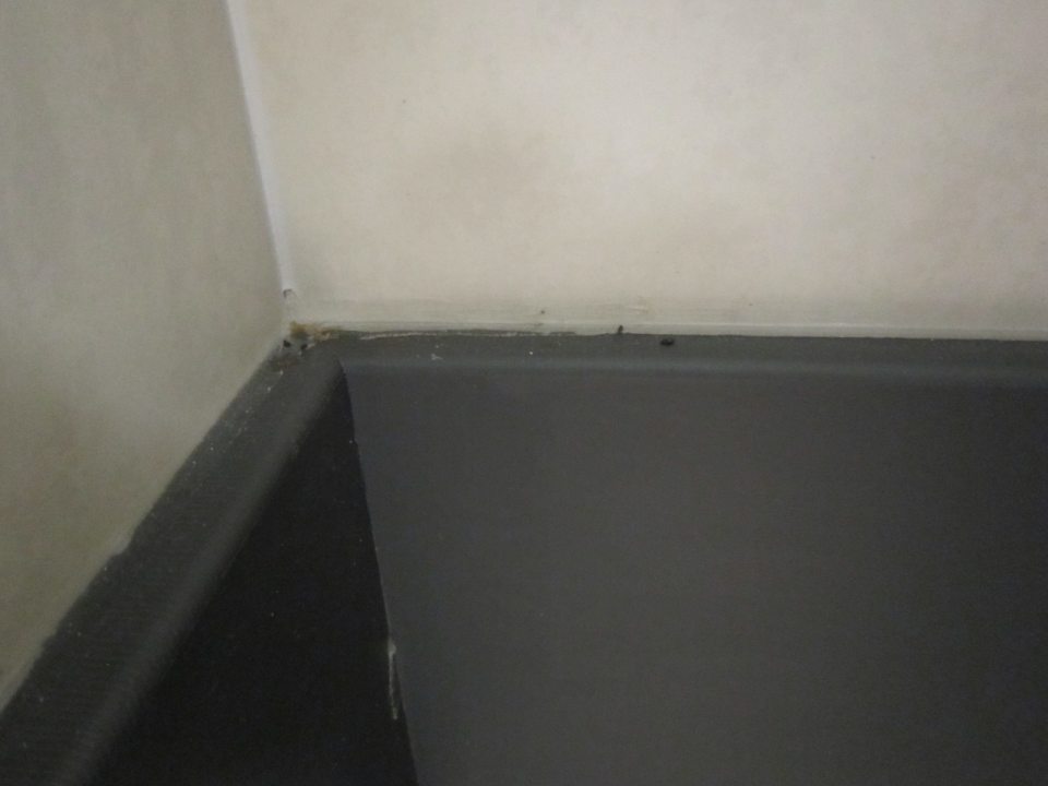 Detail ochrannej lišty steny s prítomnosťou trusu hlodavcov.