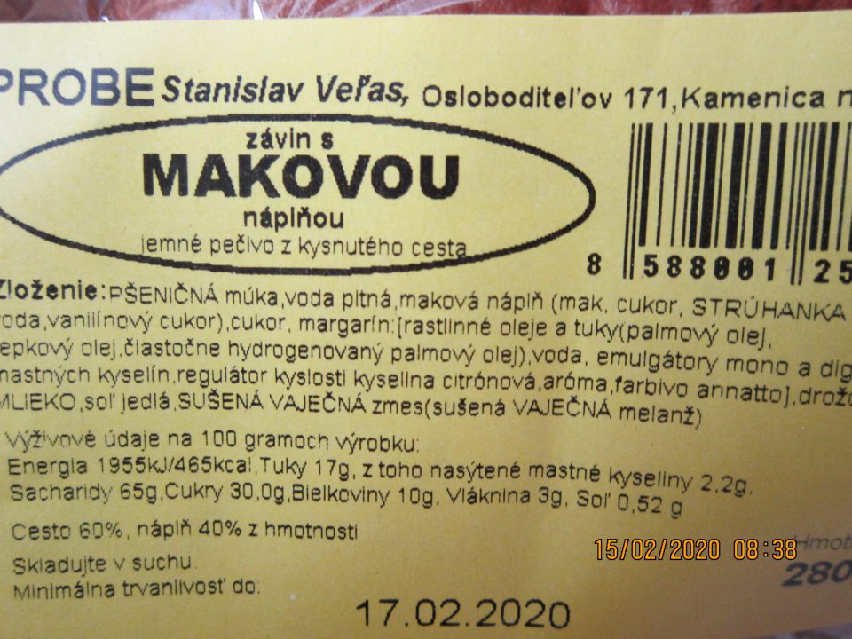Nedostatok v označení výrobku: Závin s makovou náplňou, jemné pečivo z kysnutého cesta, 280 g- v zozname zložiek nie je uvedené percentuálne množstvo maku, ktorý sa vyskytuje v názve výrobku.