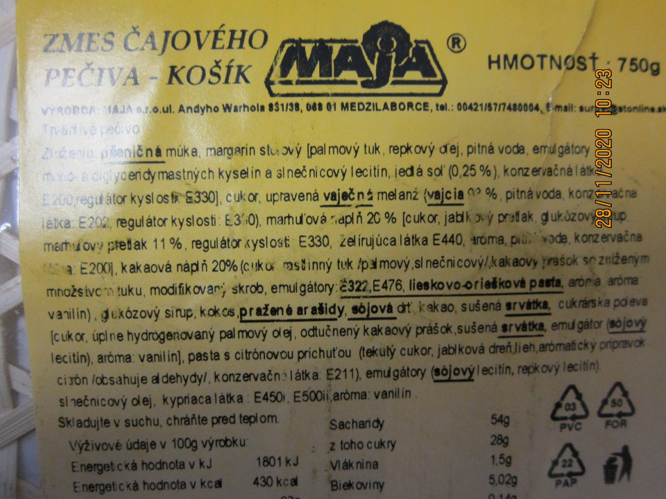 Nedostatok v označení výrobku: „ZMES ČAJOVÉHO PEČIVA - KOŠÍK MAJA, trvanlivé pečivo“,  750 g - na etikete výrobku v zložení sú zvýraznené zložky E322 a E476 bez presného odkazu na názov látky alebo výrobku spôsobujúceho alergiu alebo neznášanlivosť.
