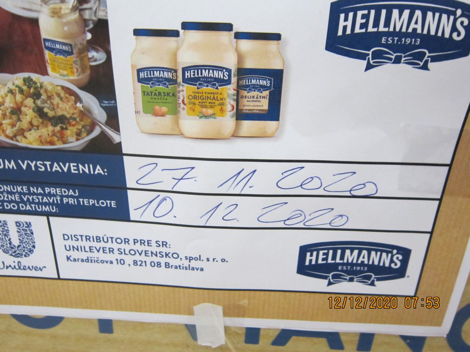 Nedodržanie teploty a doby vystavovania pri predaji deklarovanej distribútorom: Majonézy a tatárska omáčka uchovávané na predajnej ploche pri teplote nad +15°C po dobu dlhšiu ako povolených 14 dní (do 11.12.2020) – vystavované ešte 12.12.2020.