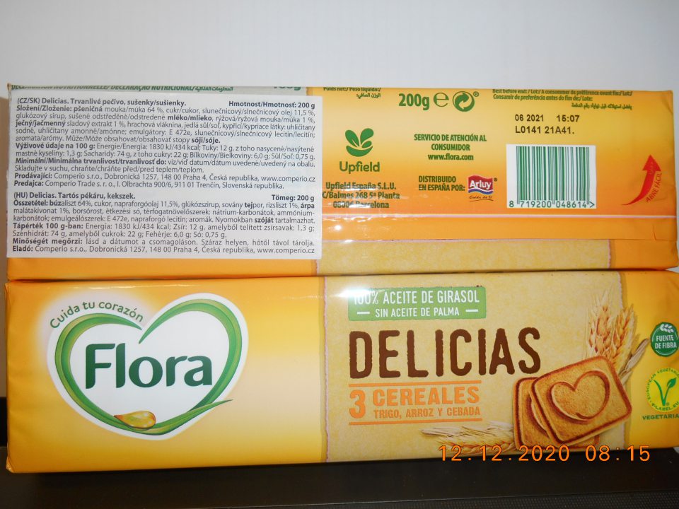 Nesprávny spôsob označenia dátumu minimálnej trvanlivosti – „FLORA – DELICIAS 3 CEREALES TRIGO, ARROZ Y CEBADA trvanlivé pečivo/sušienky“ – dátum minimálnej trvanlivosti do: 06.2021,  správne má byť – dátum minimálnej trvanlivosti do konca: 06.2021.  