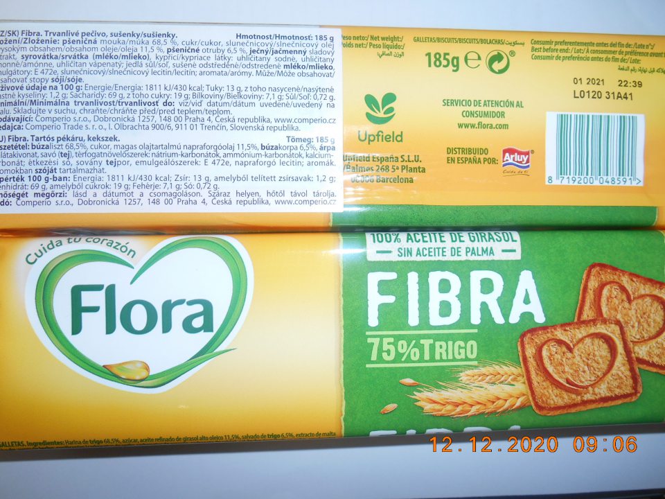 Nesprávny spôsob označenia dátumu minimálnej trvanlivosti – „FLORA – FIBRA TRIGO trvanlivé pečivo/sušienky“  - minimálna trvanlivosť do: 01.2021,  správne má byť – minimálna trvanlivosť do konca: 01.2021.