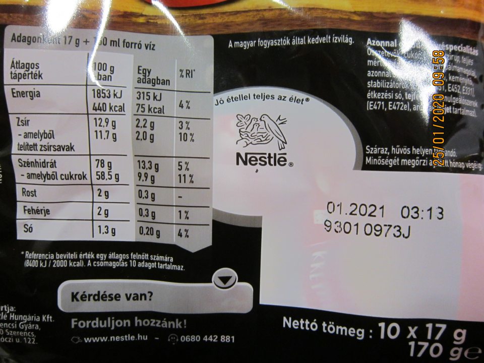 Nedostatok v označení výrobku: NESCAFÉ CLASSIC 3in1 krémes selymes, 170 g- povinné informácie na obale nie sú uvedené v kodifikovanej podobe štátneho jazyka, sú uvedené len v maďarskom jazyku.