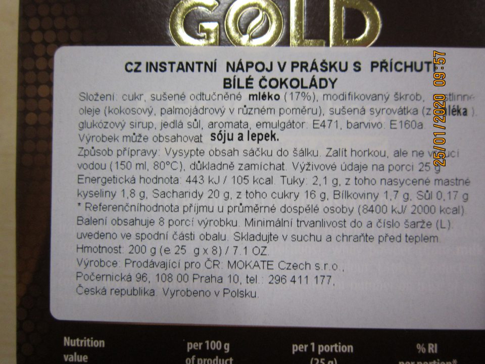 Nedostatok v označení výrobku: MOKATE GOLD PREMIUM CHOCO Dream, White Chocolate flavour, instantní nápoj v prášku s příchutí bílé čokolády, 200 g- povinné informácie na etikete nie sú uvedené v kodifikovanej podobe štátneho jazyka, sú uvedené len v českom jazyku.