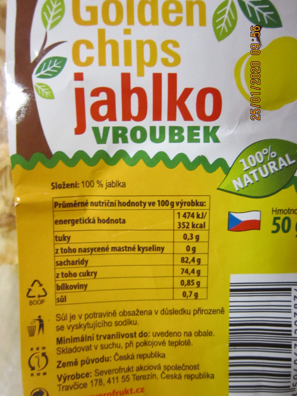 Nedostatok v označení výrobku: Golden chips jablko vroubek, 50 g- povinné informácie na obale nie sú uvedené v kodifikovanej podobe štátneho jazyka, sú uvedené len v českom jazyku.