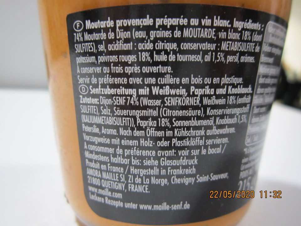 Nedostatok v označení výrobku: MAILLE PROVENSALE senf mit paprika und knoblauch, 200 ml- povinné informácie na etikete nie sú uvedené v kodifikovanej podobe štátneho jazyka, sú len vo francúzskom a nemeckom jazyku. 