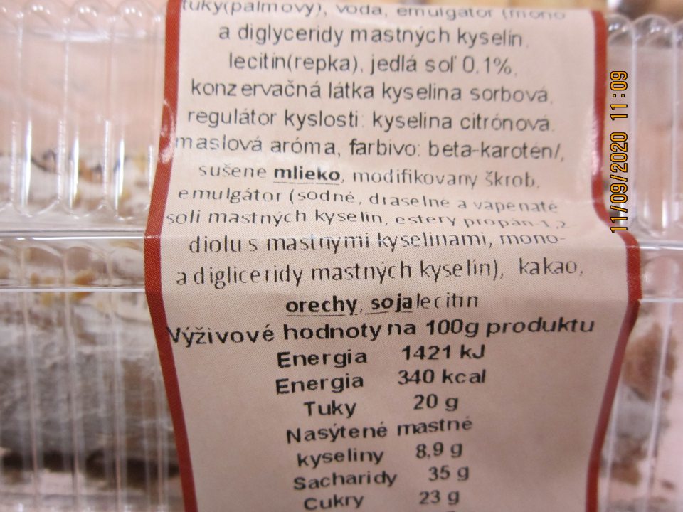 Orechová roláda- cukrársky výrobok - v zložení výrobku nie je uvedené množstvo zložky (orechy), ktorá sa vyskytuje v názve výrobku.