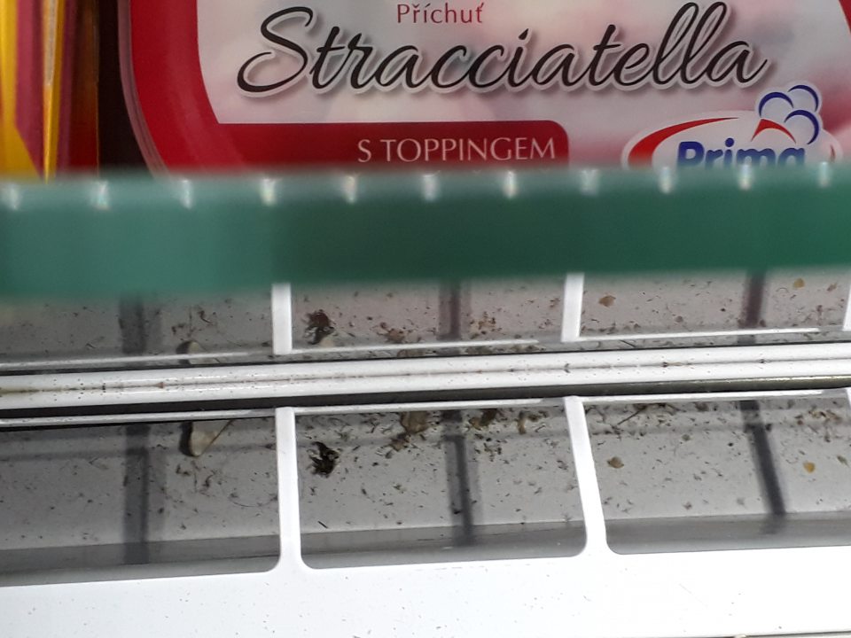 nevyhovujúci hygienický stav mraziacich zariadení na predajnej ploche- znečistenie pod mriežkami mraziaceho zariadenia 