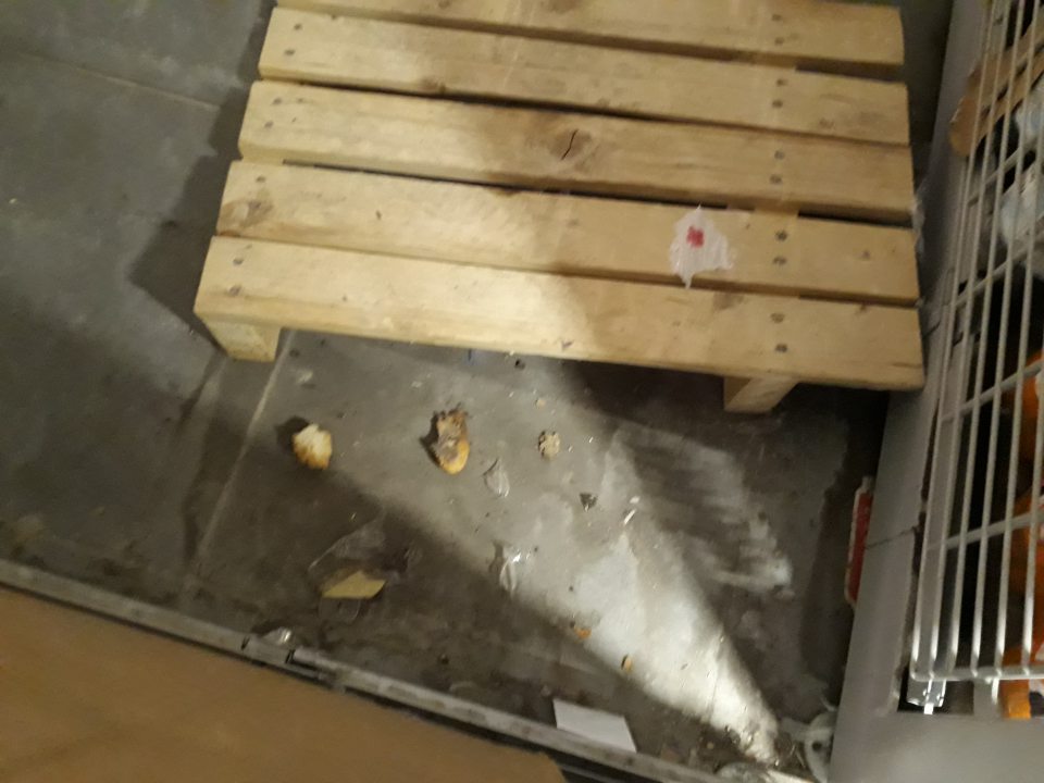 nevyhovujúci hygienický stav priestoru predajnej plochy, pri uložení balených minerálnych vôd (mechanické nečistoty, staré pečivo, hrubá vrstva prachu)