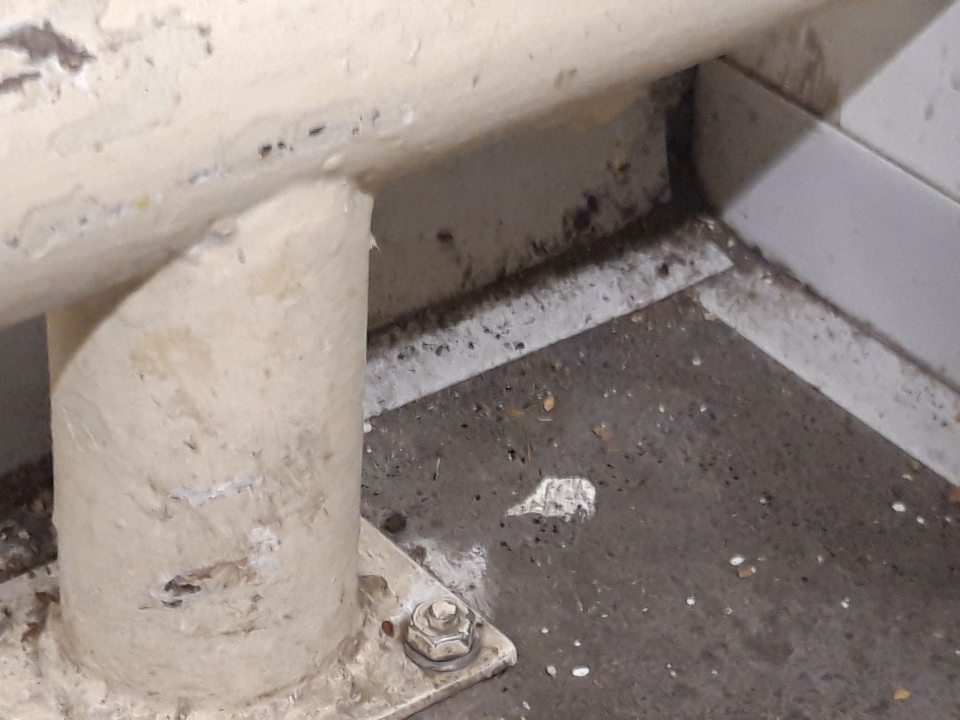 Podlaha medzi paletami, klietkami pri potravinách a v rohoch, kde sa spája stena silne znečistená špinou.