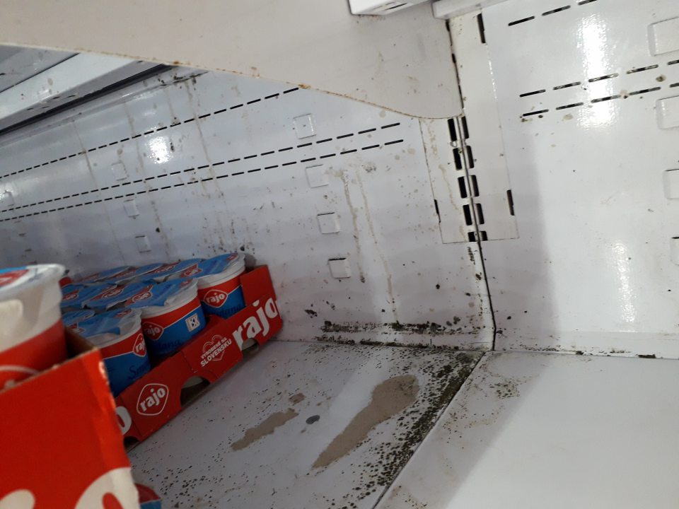 V priestoroch predajne silne znečistené všetky chladiace a mraziace zariadenia (kolóniami plesní, zvyškami predávaného tovaru a prachom).