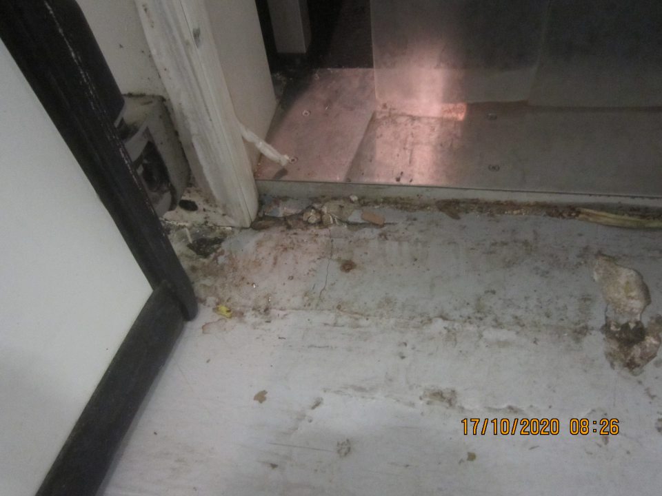 V zázemí prevádzky znečistená podlaha pri vstupe do mraziaceho boxu s umiestnenými mrazenými potravinami po celej dĺžke dverí, v rohoch nánosom nečistôt, usadenej špiny a na pántoch dverí výskyt plesne.
