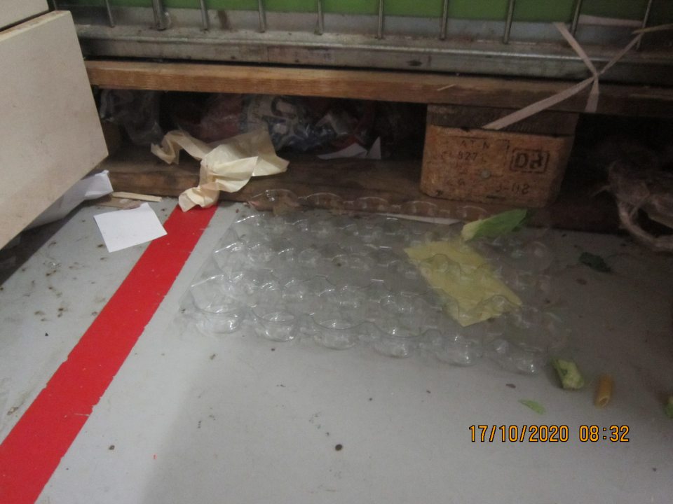 V zázemí prevádzky znečistená podlaha okolo a pod  lisom na kartóny, stolíkom, paletou s klietkou na plasty napadanými rôznymi drobnými nečistotami, množstvom zvyškov z kartónových obalov,  špagátov. 